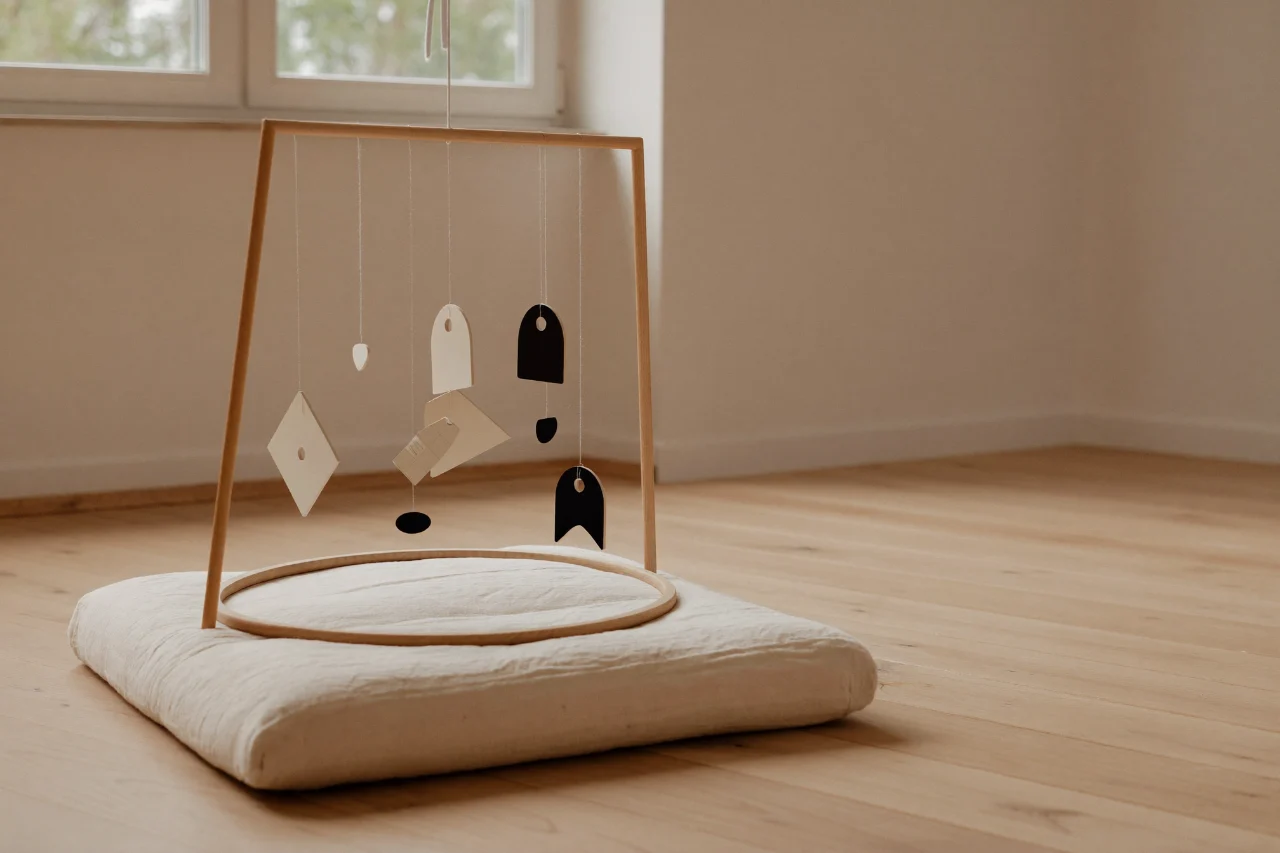 Un mobile aux formes géométriques noires et blanches suspendu au-dessus d'un tapis de lin, dans une chambre claire