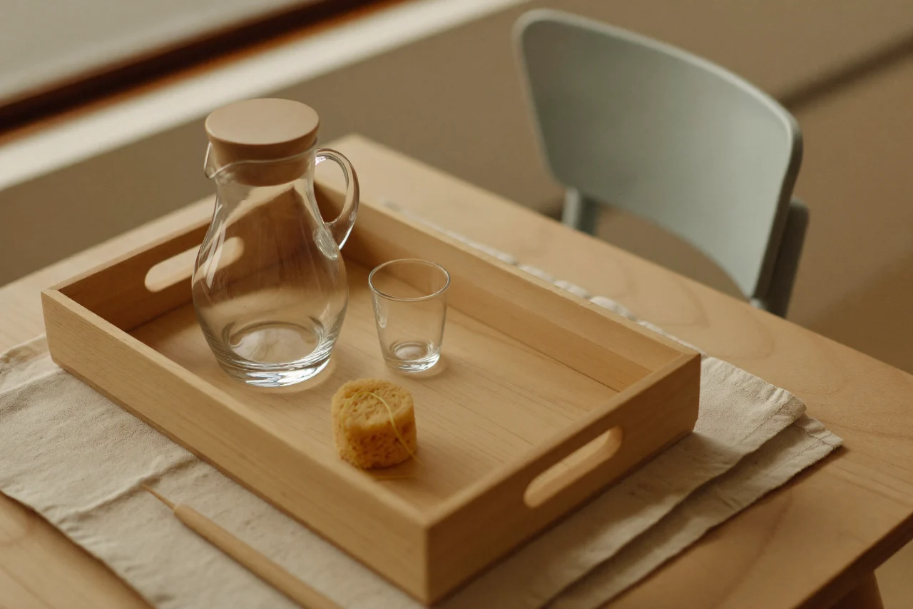 Un plateau en bois portant un petit pichet en verre, un verre et une éponge naturelle, sur une table à hauteur d'enfant