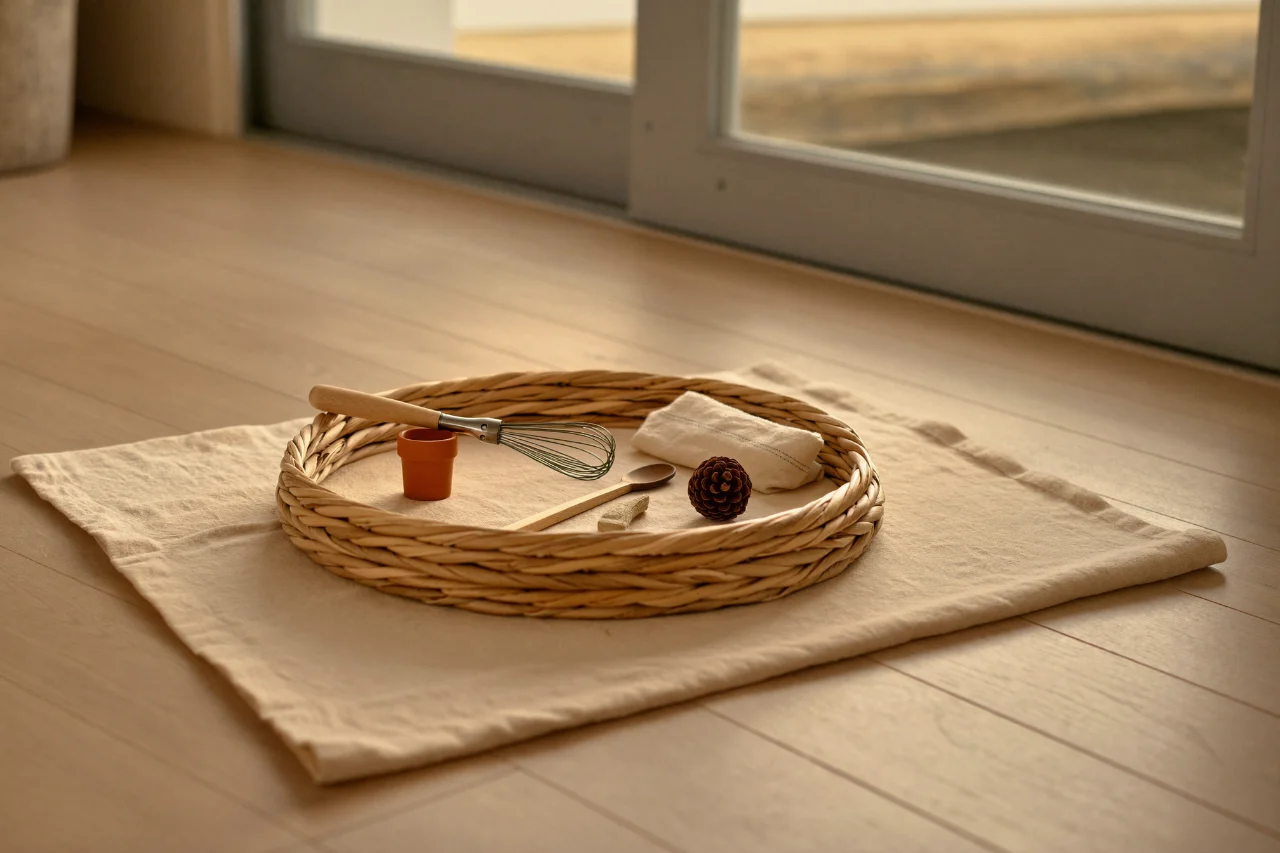 Un panier plat en osier garni d'objets du quotidien en bois, métal et fibres naturelles, posé sur un tapis de lin