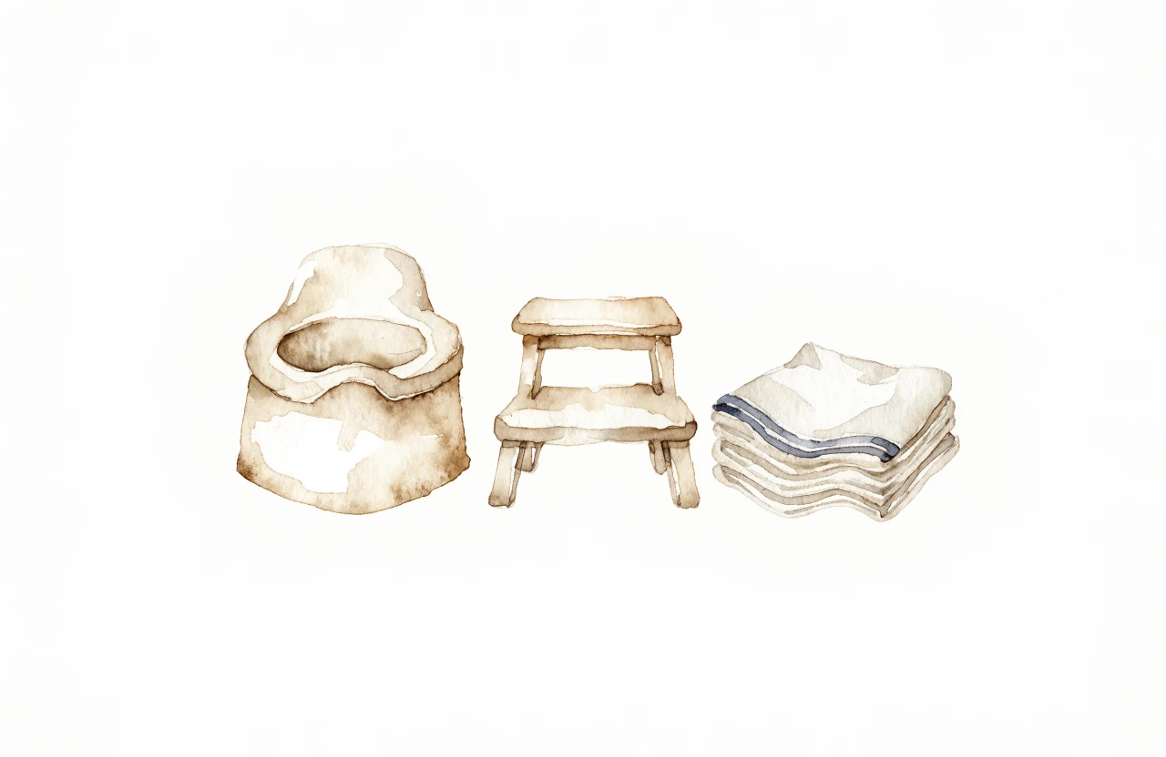 Illustration à l'aquarelle : un petit pot en bois clair posé près d'un marchepied et d'une pile de culottes en coton pliées