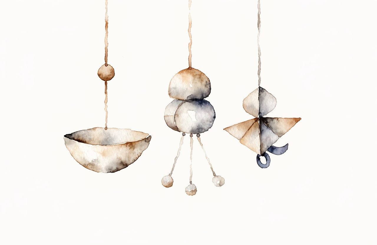 Illustration à l'aquarelle : Quel mobile pour bébé, et dans quel ordre ? Munari, octaèdres, Gobbi, danseurs