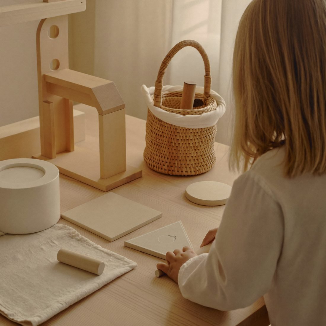 Mains d'enfant disposant des formes géométriques en bois sur une table claire