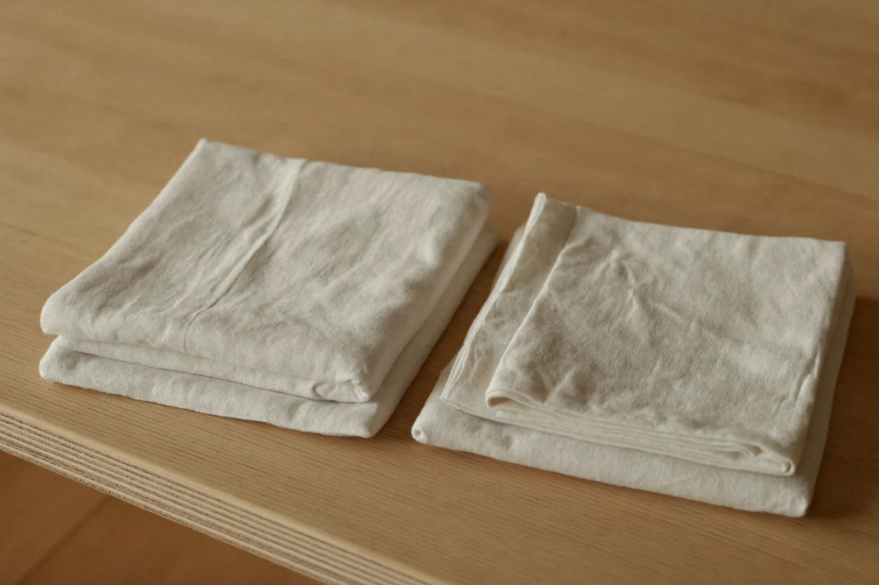 Deux piles de linge de lin écru soigneusement plié, posées côte à côte sur un plan de travail en bois clair