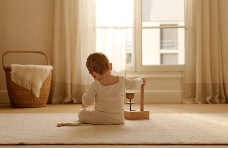 Enfant de dos concentré sur une activité de tri, lumière naturelle