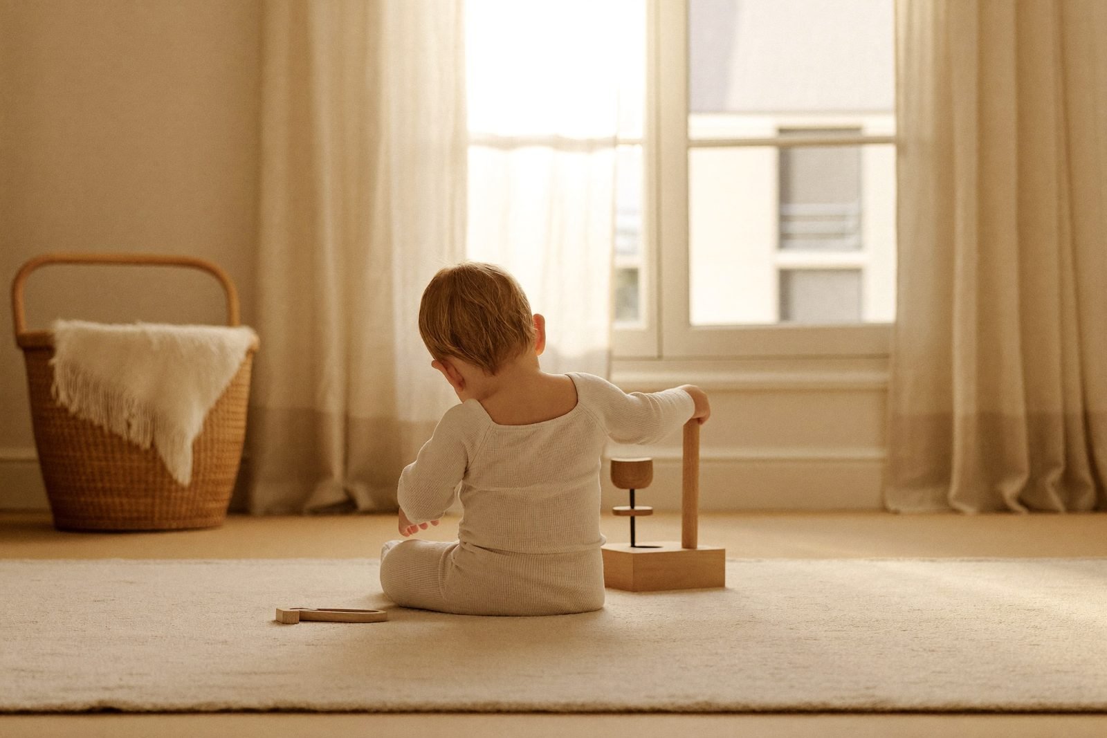 Enfant de dos concentré sur une activité de tri, lumière naturelle