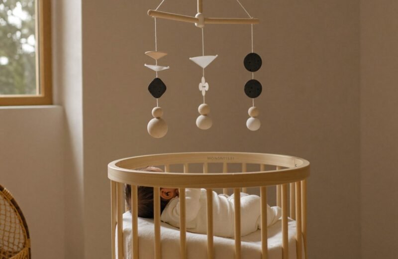 Mobile de Munari en carton noir et blanc suspendu au-dessus d'un tapis d'éveil