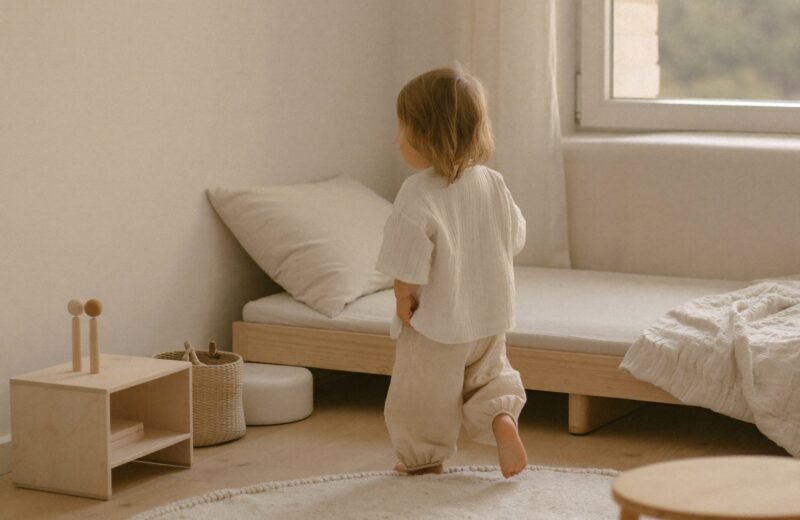 Chambre d'enfant avec lit au sol, miroir bas et étagère à sa hauteur