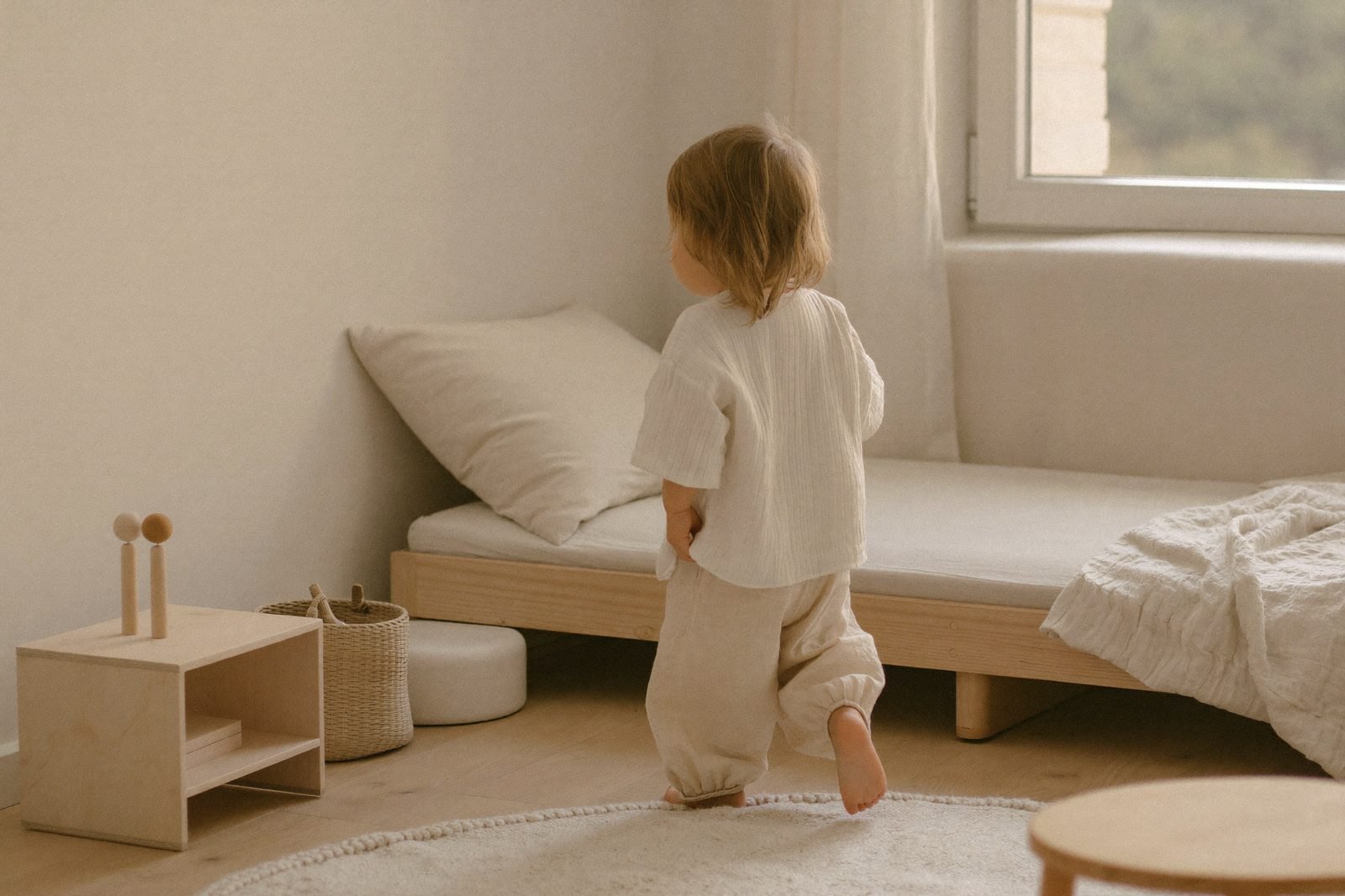 Chambre d'enfant avec lit au sol, miroir bas et étagère à sa hauteur