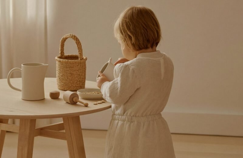 Plateau de cuisine avec bol, cuillère et graines, prêt pour une activité de transvasement