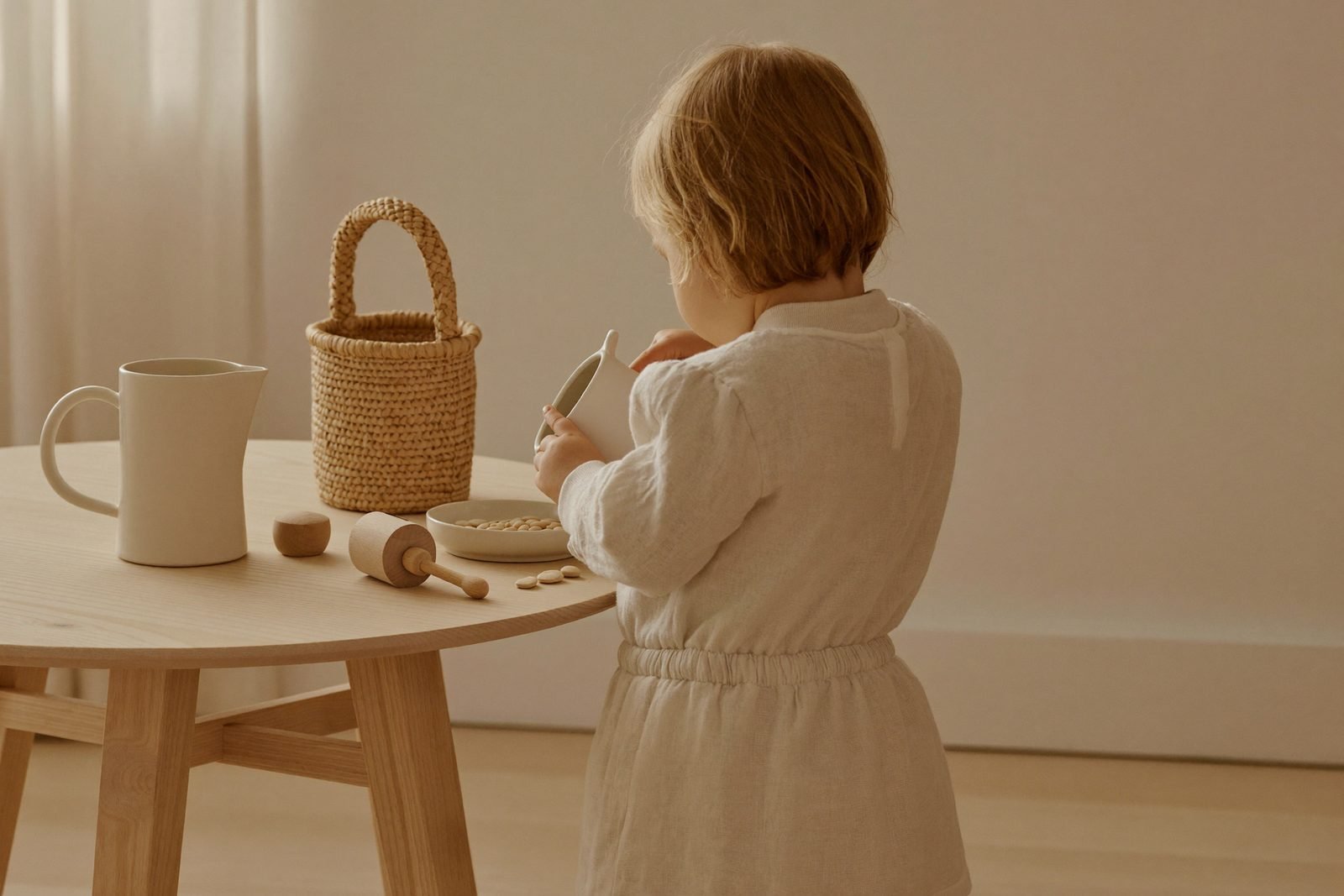 Plateau de cuisine avec bol, cuillère et graines, prêt pour une activité de transvasement