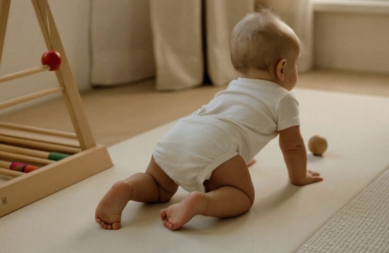 Bébé sur le ventre sur un tapis ferme, en train de tendre le bras vers un objet