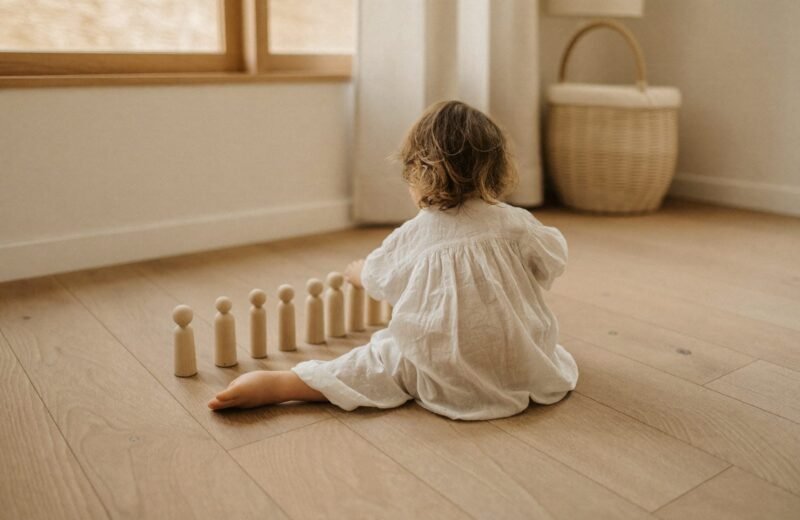 Étagère où chaque objet a une place précise, marquée par un contour