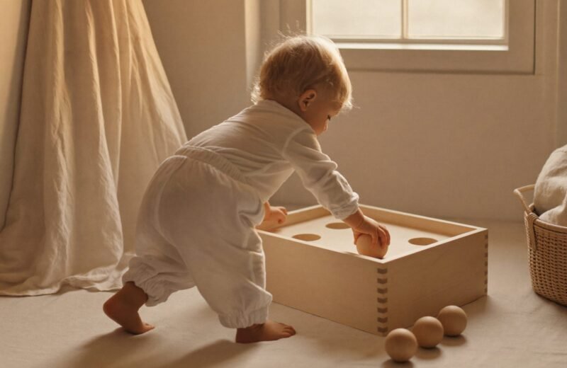 Boîte à formes en bois avec un cube et un cylindre posés devant