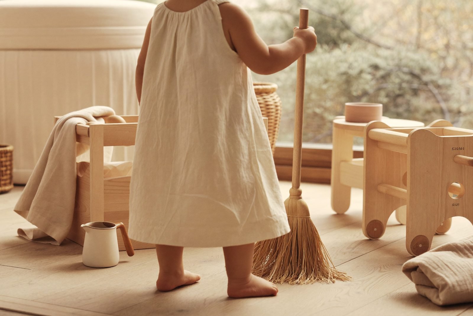 Enfant de dos en train d'éponger une table avec une petite éponge