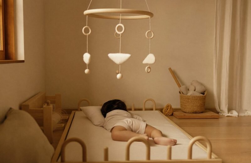 Espace nido avec tapis au sol, miroir horizontal et barre de préhension