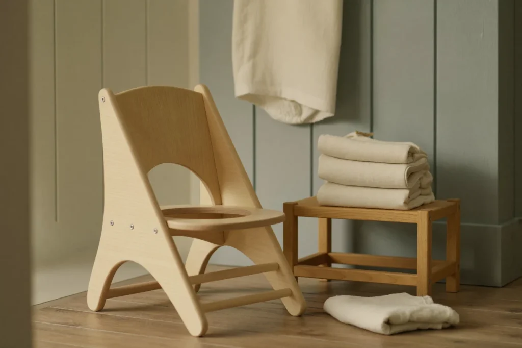Un petit pot en bois clair et un marchepied posés sur un parquet, une pile de culottes en coton pliées juste derrière