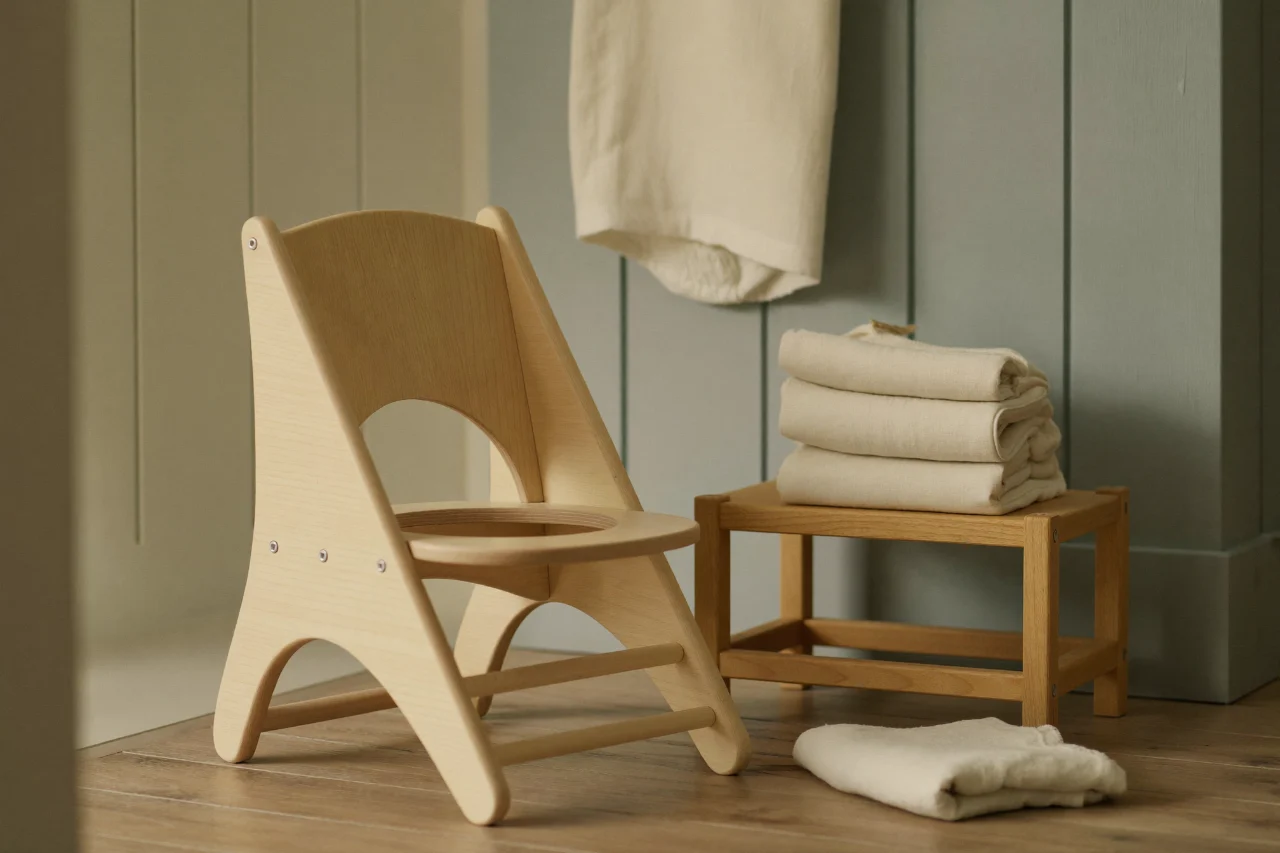 Un petit pot en bois clair et un marchepied posés sur un parquet, une pile de culottes en coton pliées juste derrière
